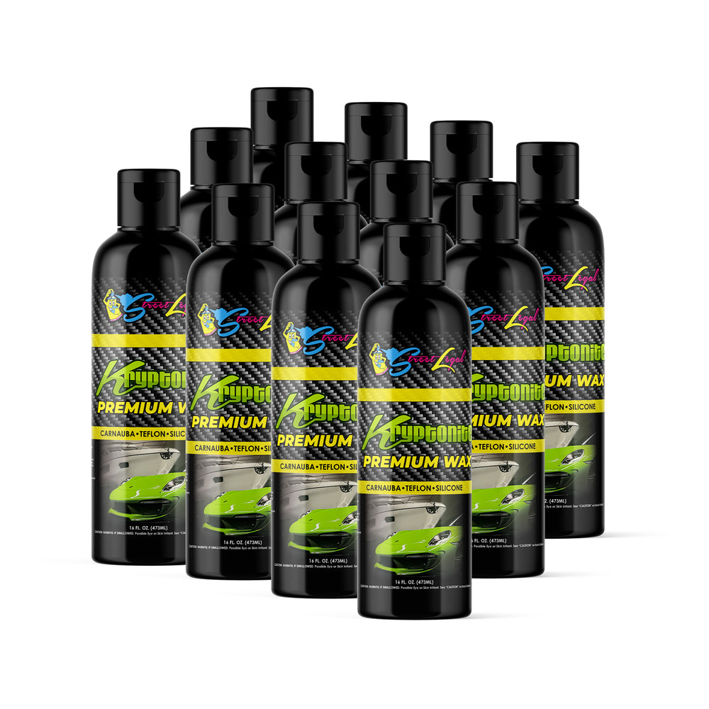 
                      
                        Kryptonite Premium Wax 12 pack 16 Oz bottles arranged in rows.
                      
                    