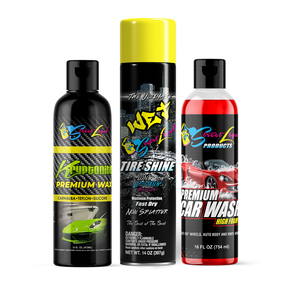 
                      
                        Street Legal Trio: Kryptonite Premium Wax, Wet Tire Shine, and Car Wash Soap in 16 oz and 14 oz bottles
                      
                    