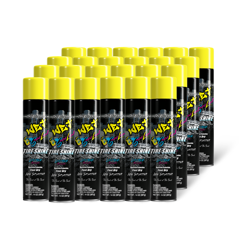 24-pack of Street Legal Ultimate Wet Tire Shine, 14 oz cans, silicone-based spray for a sleek, long-lasting, mess-free tire shine.