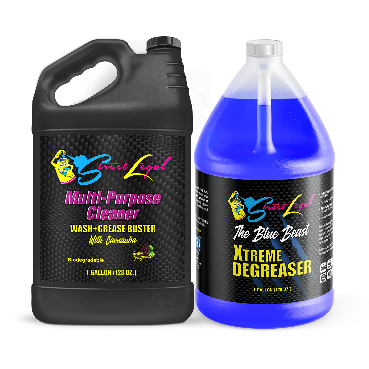 Blue Beast X-Treme Degreaser and Multi-Purpose Cleaner Bundle with Carnauba, 1-gallon each, for automobiles, motorcycles, and household surfaces.