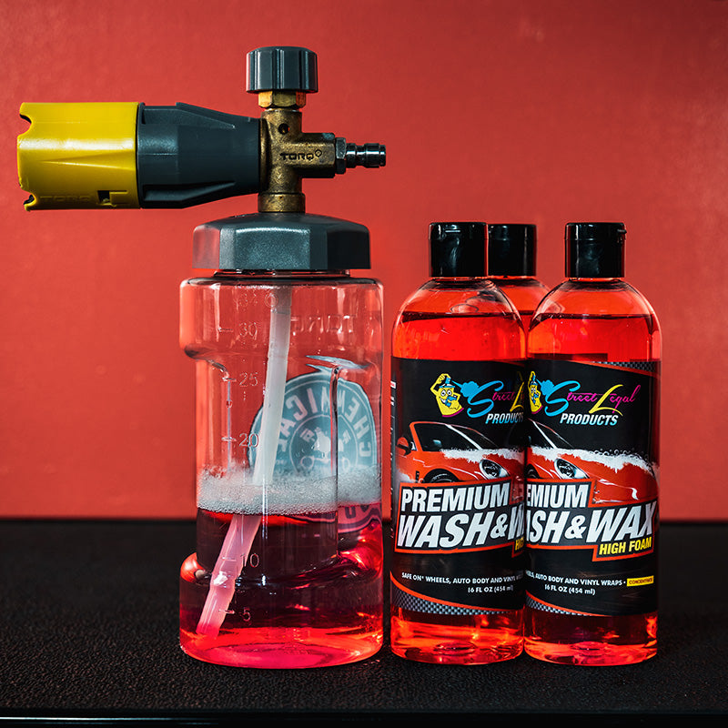 
                      
                        Premium Wash & Wax 16 oz bottles with high foam formula and application tool against red background.
                      
                    