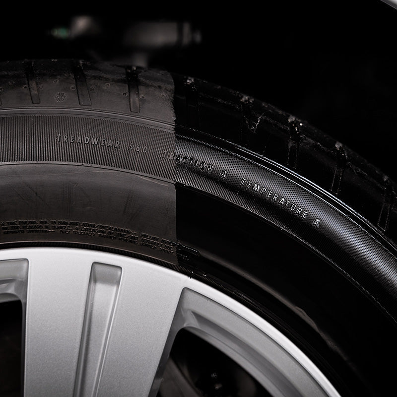 
                      
                        Car tire with treated section using The Ultimate Wet Tire Shine for a glossy finish and long-lasting protection.
                      
                    