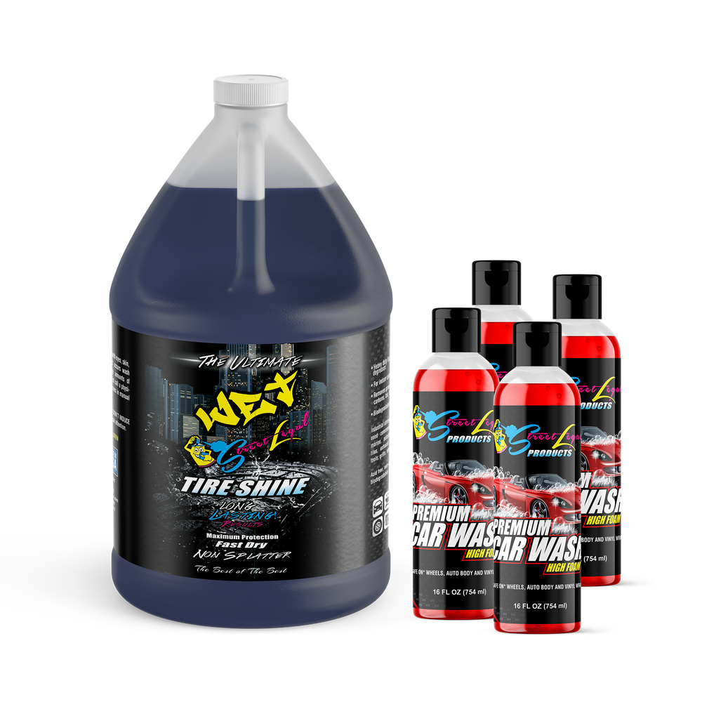 
                      
                        The Ultimate Wet Tire Shine 1-gallon and 16 oz Premium Wash and Wax 4-pack bundle for superior car cleaning and protection.
                      
                    